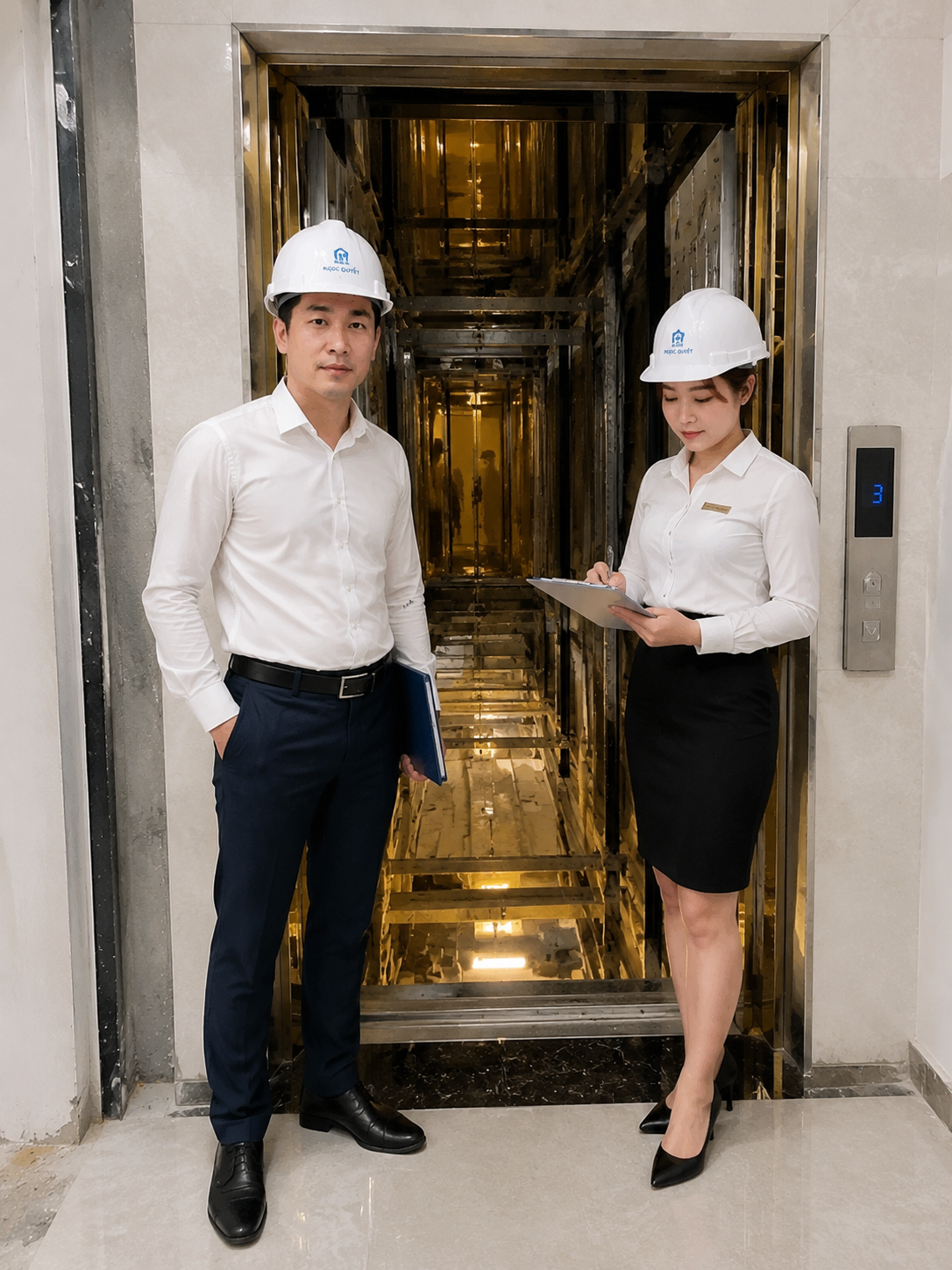 Kỹ sư đội mũ bảo hộ kiểm tra thang máy tòa nhà đang lắp đặt